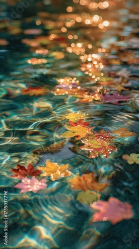 Autumn Leaves Floating on Rippling Water with Golden Sunlight Reflections.