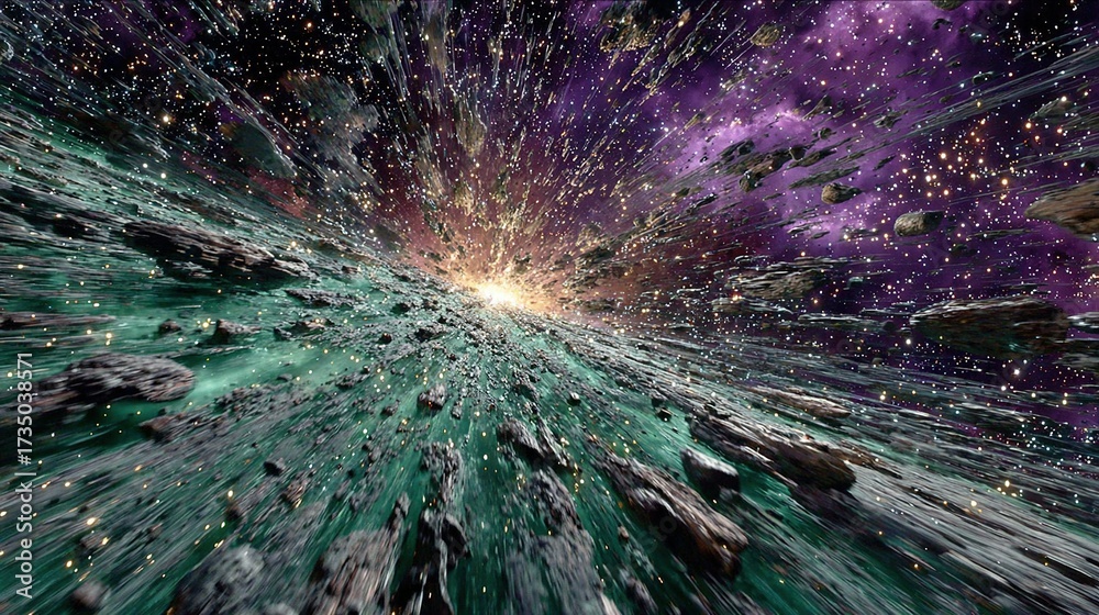 Obraz premium Abstract cosmic scene with rocks and colorful nebula light explosion effect.