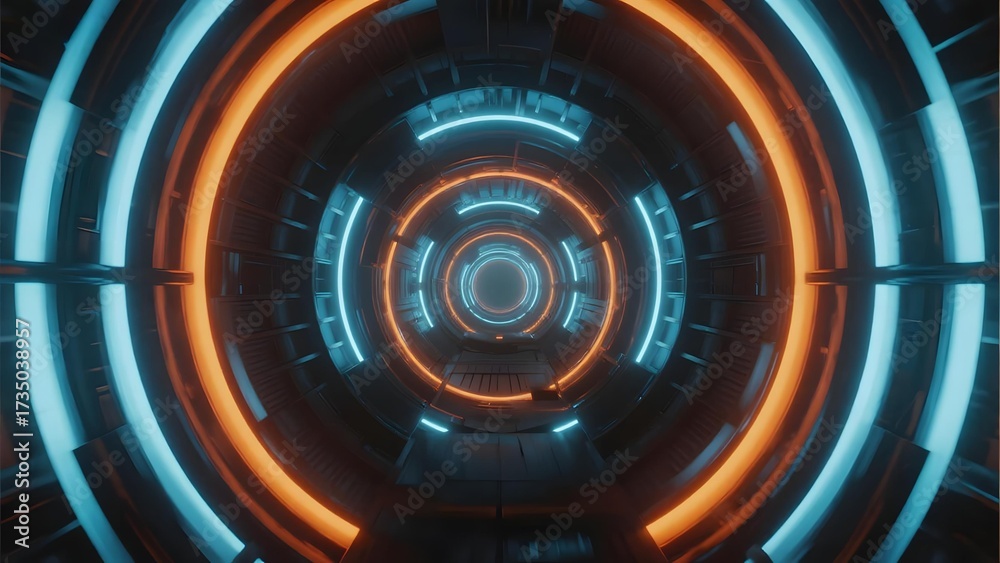 Fototapeta premium Futuristic circular tunnel with glowing orange and blue neon lights, creating a sci-fi corridor effect