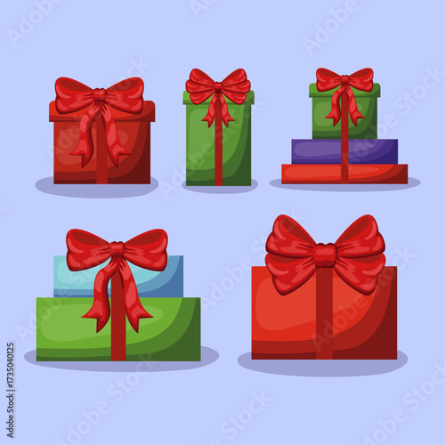 Festive holiday gift boxes with colorful ribbons, perfect for Christmas, birthdays, and celebrations