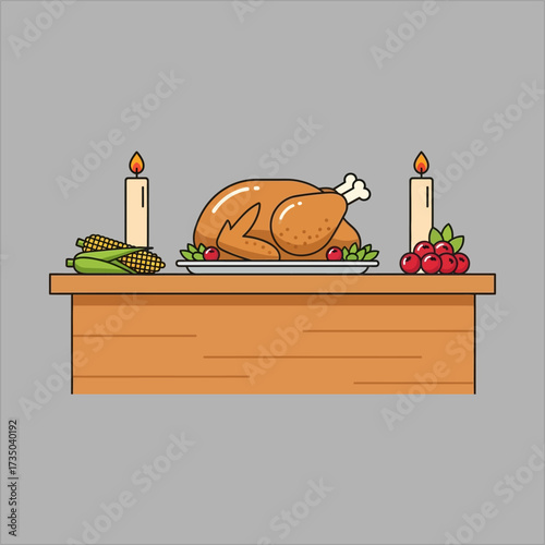 A festive Thanksgiving dinner table setting with a roasted turkey, corn, cranberries, and candles.