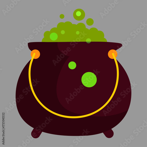 Witch's cauldron bubbling with green potion and bubbles on a gray background, Halloween symbol