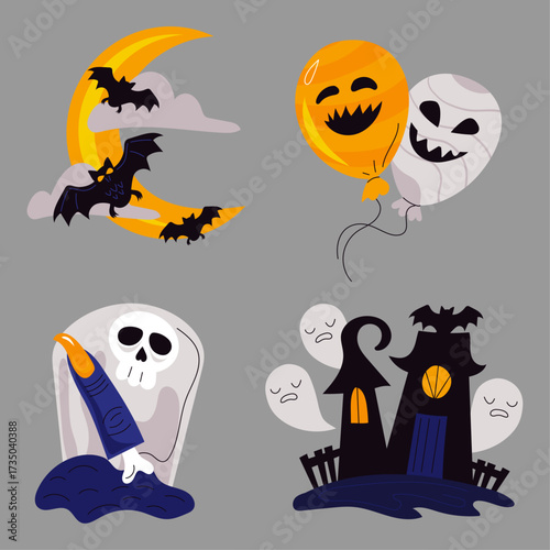 Spooky Halloween Icons Set Featuring Bats, Moon, Ghost Balloons, Tombstone, and Haunted House