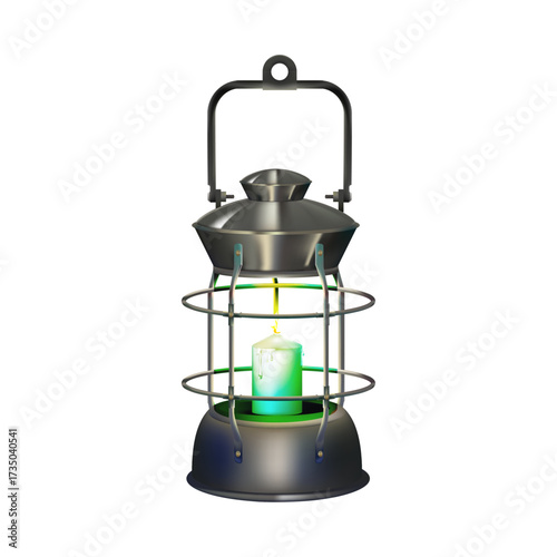 An antique, rustic metal lantern with a bright green light emanating from a candle within, isolated on a white background