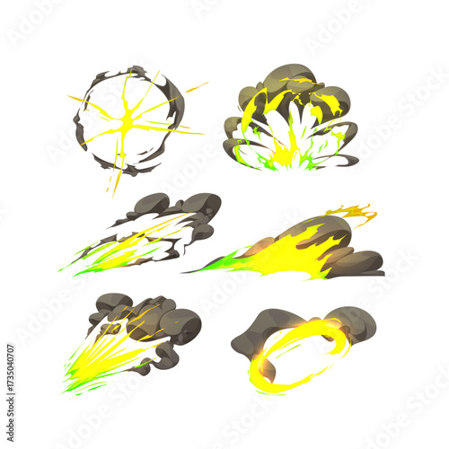 Collection of stylized cartoon explosion and energy burst effects in vibrant yellow and green