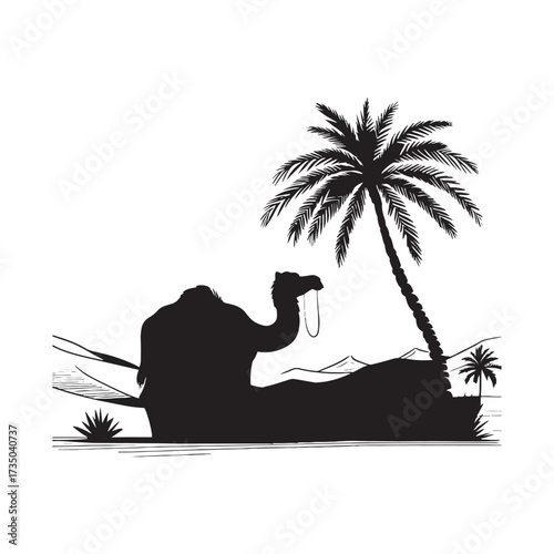 Desert Scene with Camel and Palm Tree