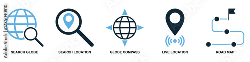 Set of location and navigation vector icons. Essential graphics for GPS, travel, and mapping applications. This collection is ideal for user interface, providing clear symbols for finding places