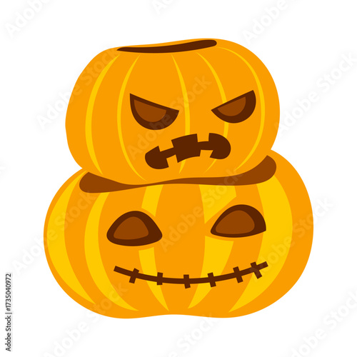 Two carved Halloween pumpkins stacked on top of each other with spooky faces on a white background