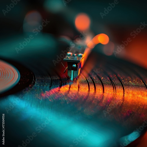 Vinyl Record Player Needle in Vibrant Teal and Orange Light.