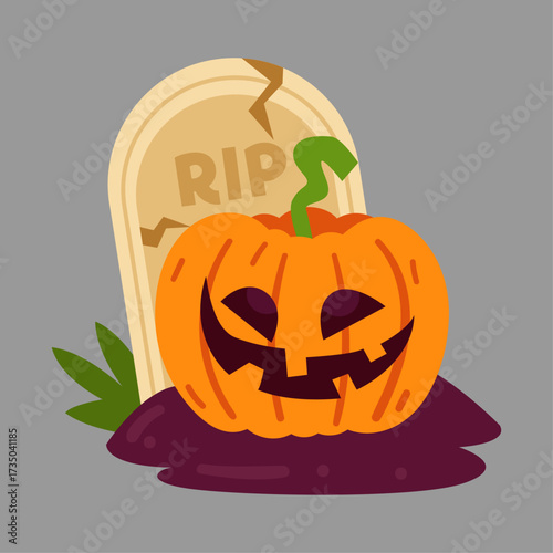 Spooky Halloween Pumpkin Carving Near a Gravestone with RIP Engraved, Festive Autumnal Decoration