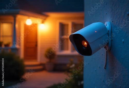 Modern home security camera mounted on exterior wall during dusk. Advanced surveillance technology with night vision ensures safety, property protection, wireless monitoring, smart control.