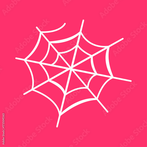 A simple white spider web illustration on a bright pink background, a delicate natural design