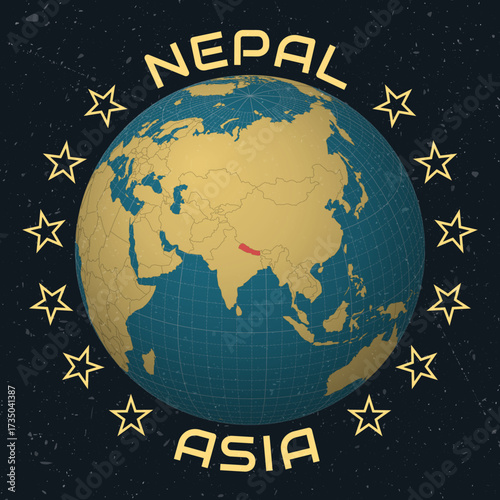 Nepal on Globe. Country name round text. Vintage look with grunge scratched texture. Country view on world map in Sky Blue Light Yellow color palette. Nepal shape on map. Neat vector illustration.