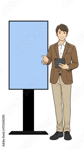 モニターの説明をする男性のイラスト