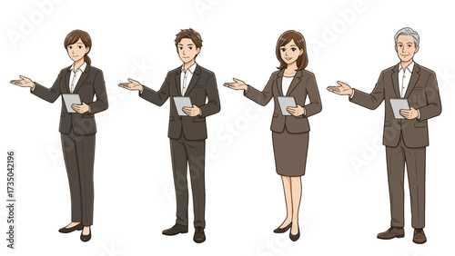 タブレットで案内する老若男女のイラスト