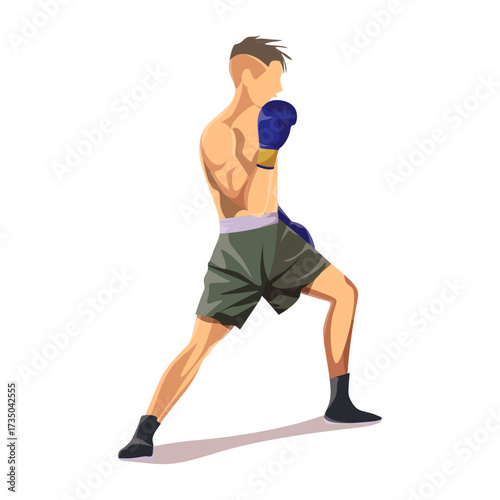 Boxer in fighting stance wearing gloves and shorts, illustration for sports and fitness content