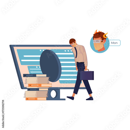 Overwhelmed businessman exhausted from work and stress, burdened by workload and deadlines, feeling tired and defeated
