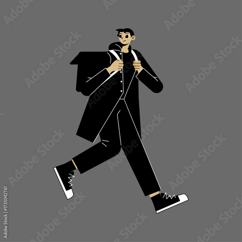 Stylized illustration of a young man wearing a backpack and coat, striding purposefully with a modern, minimalist aesthetic