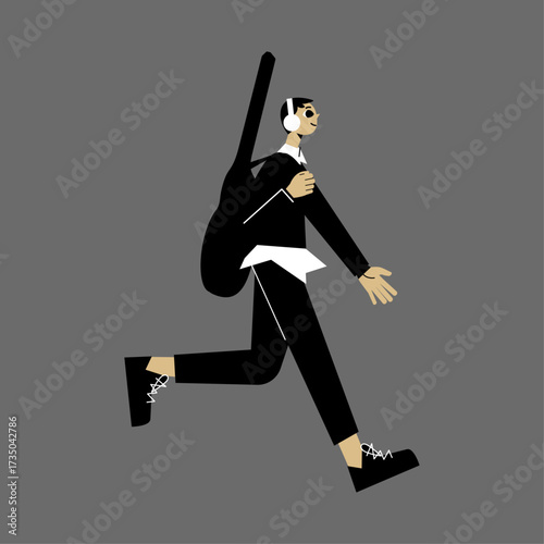 A person with a guitar case and headphones running with a backpack, illustration on a plain background