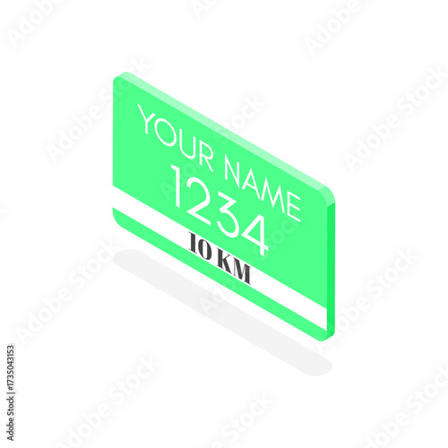 A bright green running bib displayed in lettering on a white background