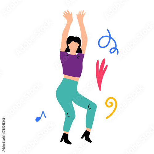 A joyful person dancing with abstract colorful shapes and musical notes, celebrating life and movement