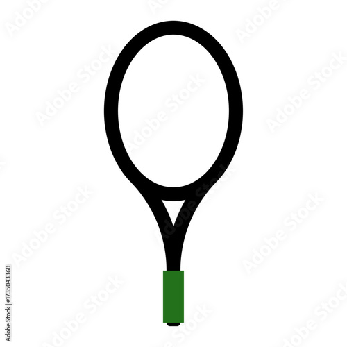 A simple black and white illustration of a tennis racket with a green grip on a white background, perfect for sports and hobbies