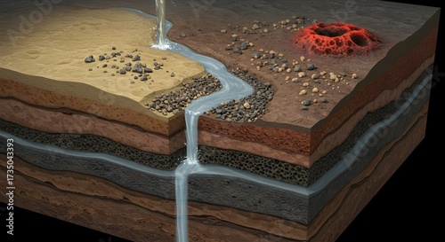 Photorealistic cross-section of Earth's geological layers naturally filtering murky data water into a single, pure stream, representing layered security