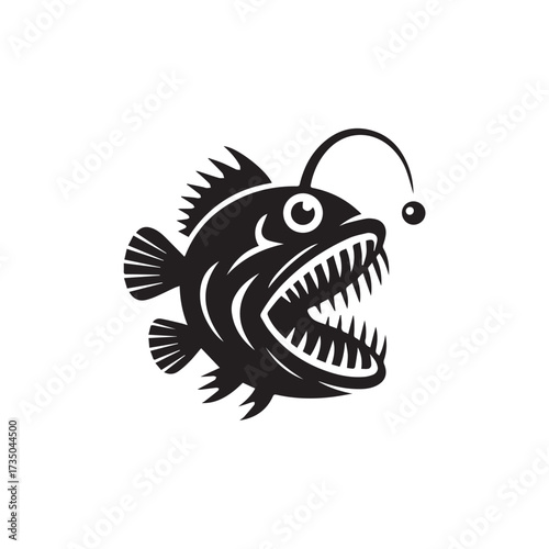 Black and white illustration of an anglerfish with its mouth open, displaying sharp teeth and a bioluminescent lure.