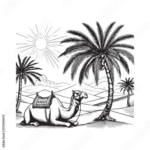 Desert Scene with Camel and Palm Tree