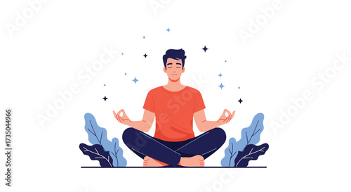 A man meditating in a tranquil setting surrounded by nature and a calm atmosphere.