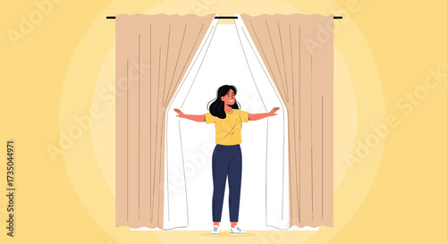 A person opens curtains revealing a bright light source.