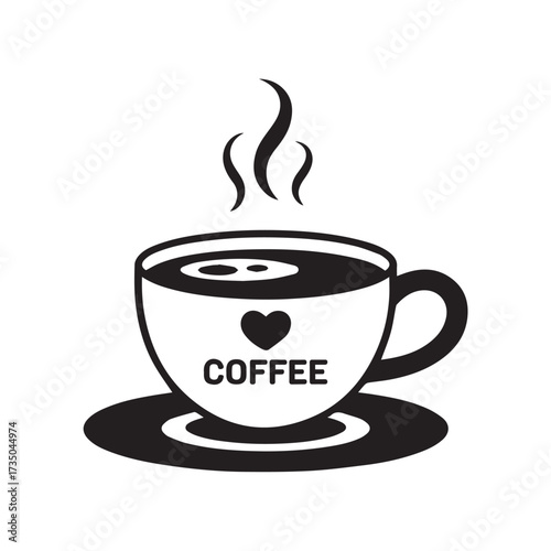 Black and white illustration of a steaming cup of coffee with a heart symbol on the side.
