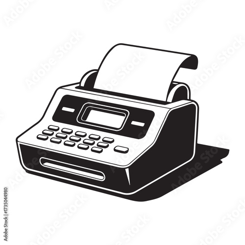 A stylized black and white illustration of a retro fax machine with paper output.