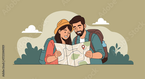 A couple studying a map looking for their next adventure destination.