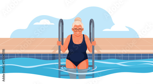 Elderly woman exiting a swimming pool using the ladder on a sunny day.