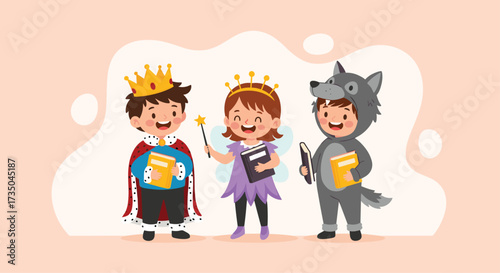 Children dressed as fictional characters reading books in a playful illustration.