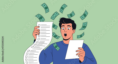 Man looks shocked at a long receipt with money flying around him.
