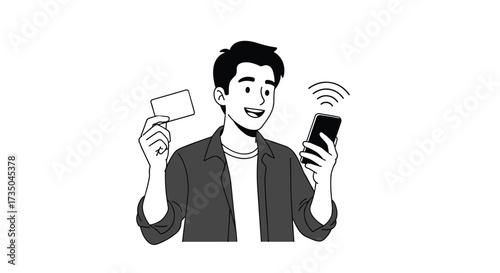 A person is holding a credit card and a smartphone for contactless payment.