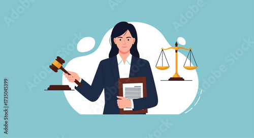 A female lawyer holding a gavel and documents with a scale of justice in the background.