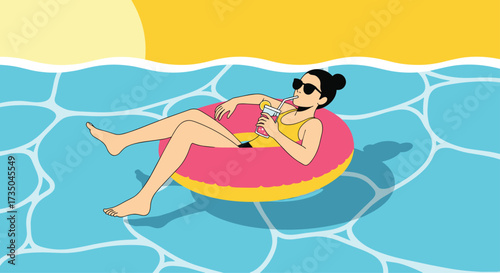 A woman relaxes on an inflatable tube in a swimming pool on a sunny day.