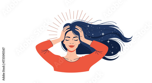 Woman with cosmic hair experiencing a moment of realization and clarity.