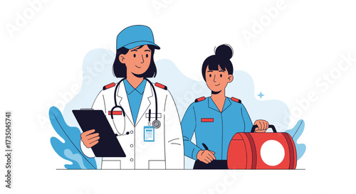 Two medical professionals stand together ready to help.