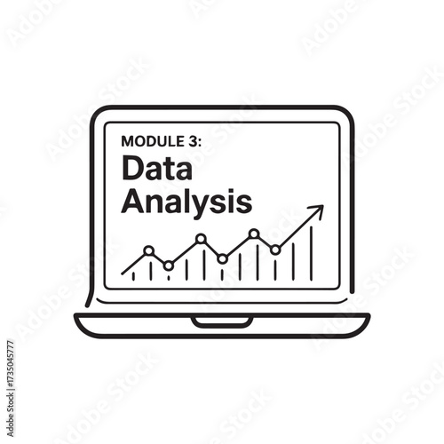 Laptop displaying "Data Analysis" under "Module 3," with a rising line graph and vertical bars.