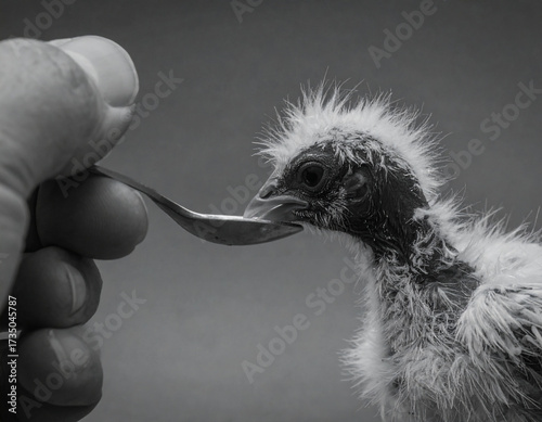 A high-contrast monochrome close-up of a newly hatched chick being fed from a small spoon.