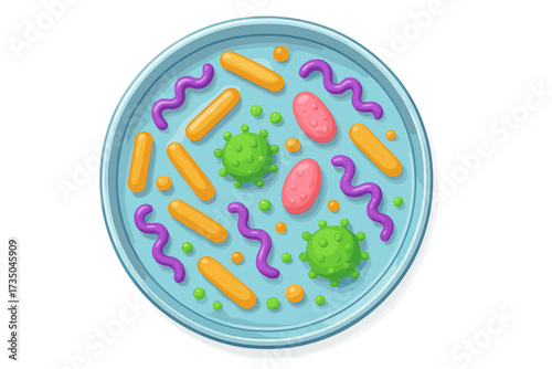 Petri dish top view with colorful microorganisms. 3D render of bacteria, virus, germs, bacillus for microbiology and bacteriology lab test. Science research concept icon.