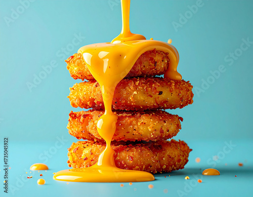 A high-impact, vibrant food photograph of a neat stack of four crispy chicken nuggets being drenched by a thick, golden stream of melted cheese or honey mustard sauce against a bright, powder-blue bac