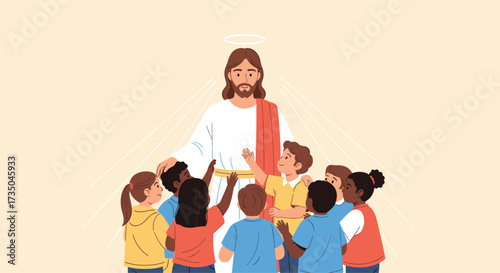 Jesus embraces and blesses a diverse group of children surrounding him in a warm embrace.