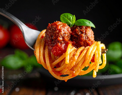 A highly appetizing and close-up shot of a forkful of spaghetti perfectly twirled with rich marinara sauce, topped with two savory meatballs and garnished with a bright green basil leaf.