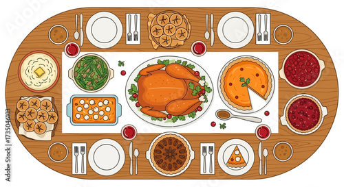 Thanksgiving Day traditional dishes vector illustration. Autumn food recipes.Roast turkey with side dishes top view