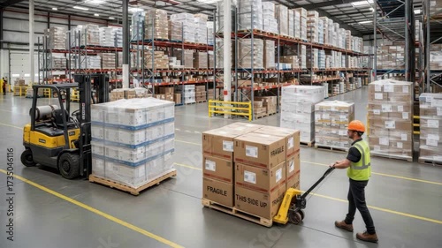 bustling industrial warehouse features yellow forklift moving wrapped pallet while worker in safety vest and hard hat uses pallet jack to transport cardboard boxes